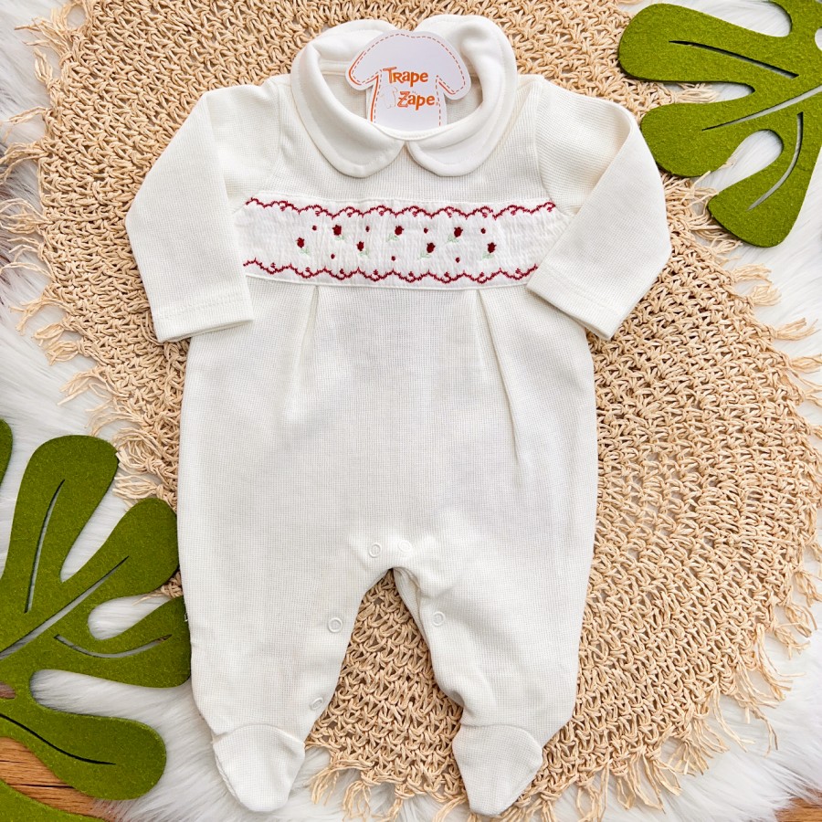  Macacão Tricotil (Tricot 100% Algodão) com Gola e Bordado - Off White com Tulipas Vermelhas